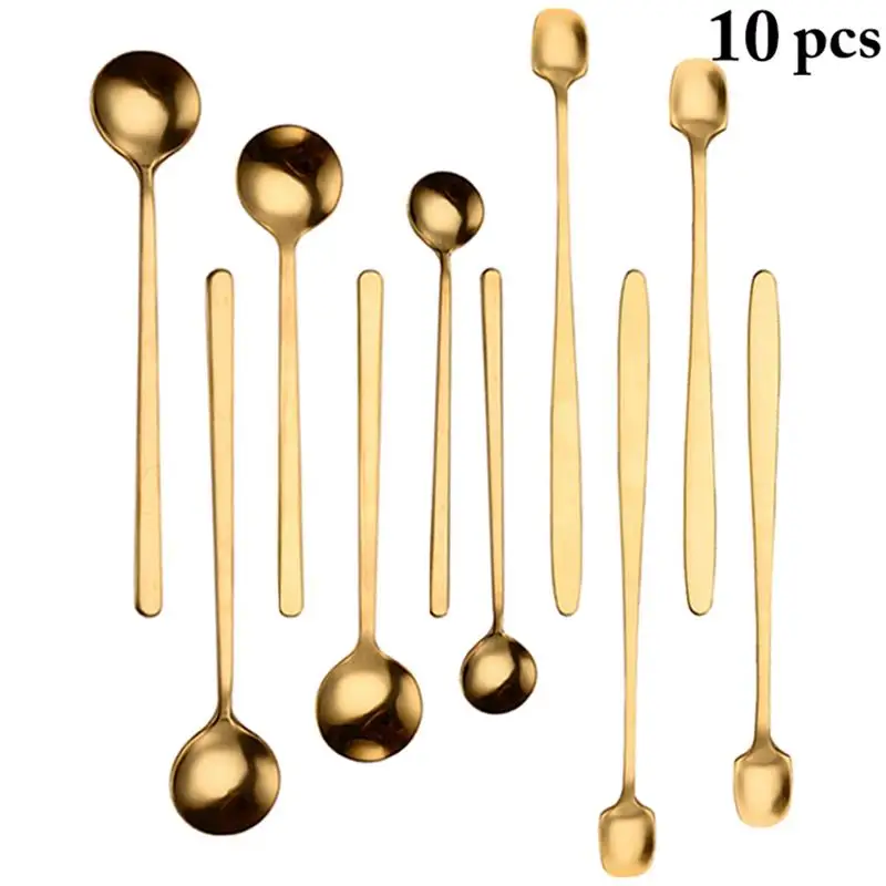 

10 PCS Long Handle Coffee Spoon Stainless Steel Tea Sugar Mixing Spoons Gold Dessert Ice Cream Scoop Kitchen Tableware Sets