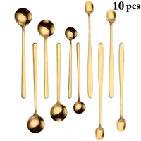 10 pcs long handle coffee spoon stainless steel tea sugar mixing spoons gold dessert ice cream scoop kitchen tableware sets