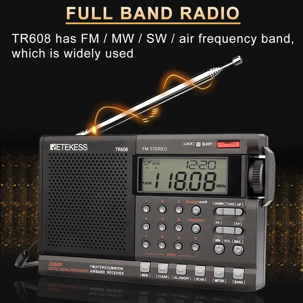 Портативный цифровой радиодинамик Retekess TR608 FM / MW/ SW Air с ЖК дисплеем будильником и