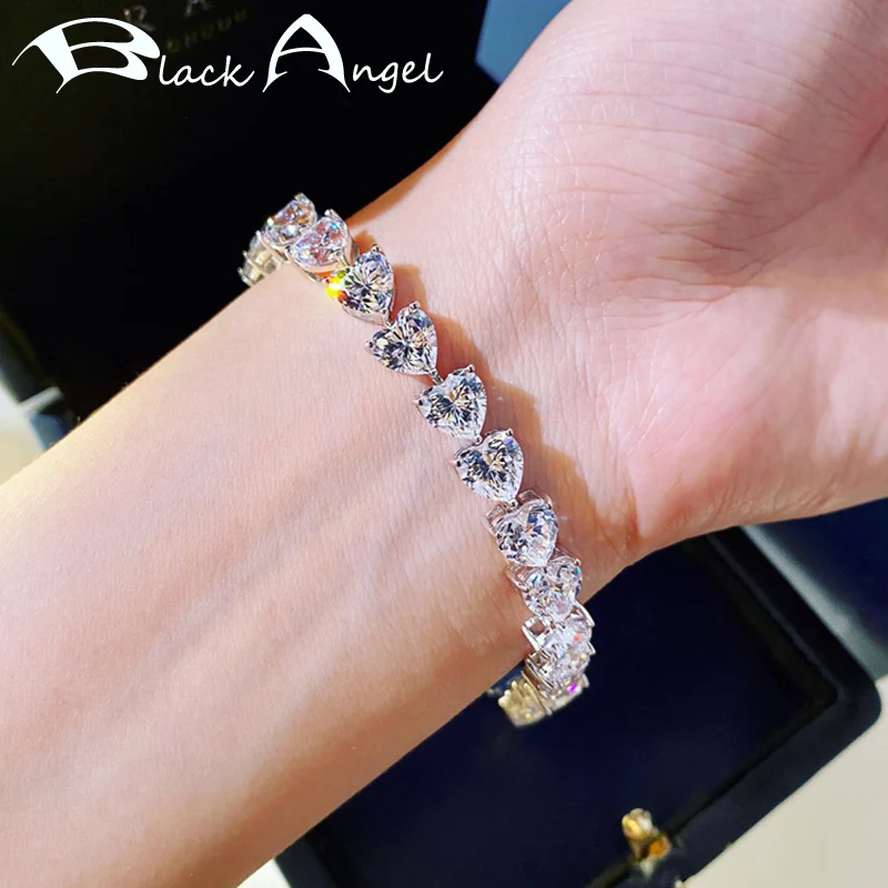 

BLACK ANGEL 925 Sterling Silver Created Moissanit White Crystal Gemstone Love Heart Bracelets For Female CZ Jewelry Wedding Gift