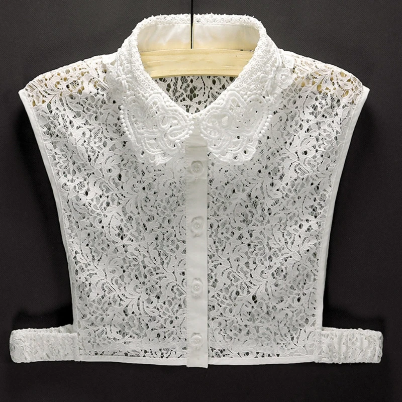 

Women Girls Hollow Out Floral Lace Fake Collar Button Down Detachable Lapel White Half Shirt Blouse Sweater Accessory