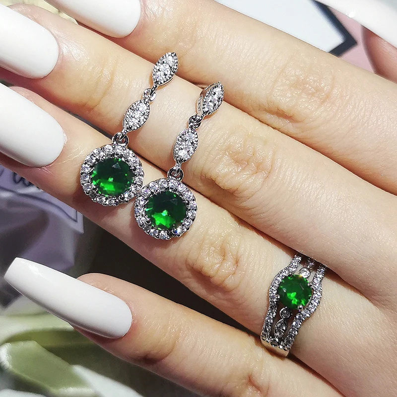 

2pcs Pack silver color bride Wedding Bridal jewelry set for Brides Engagement Ring and drop dangle Earrings gifts J6247-GREEN