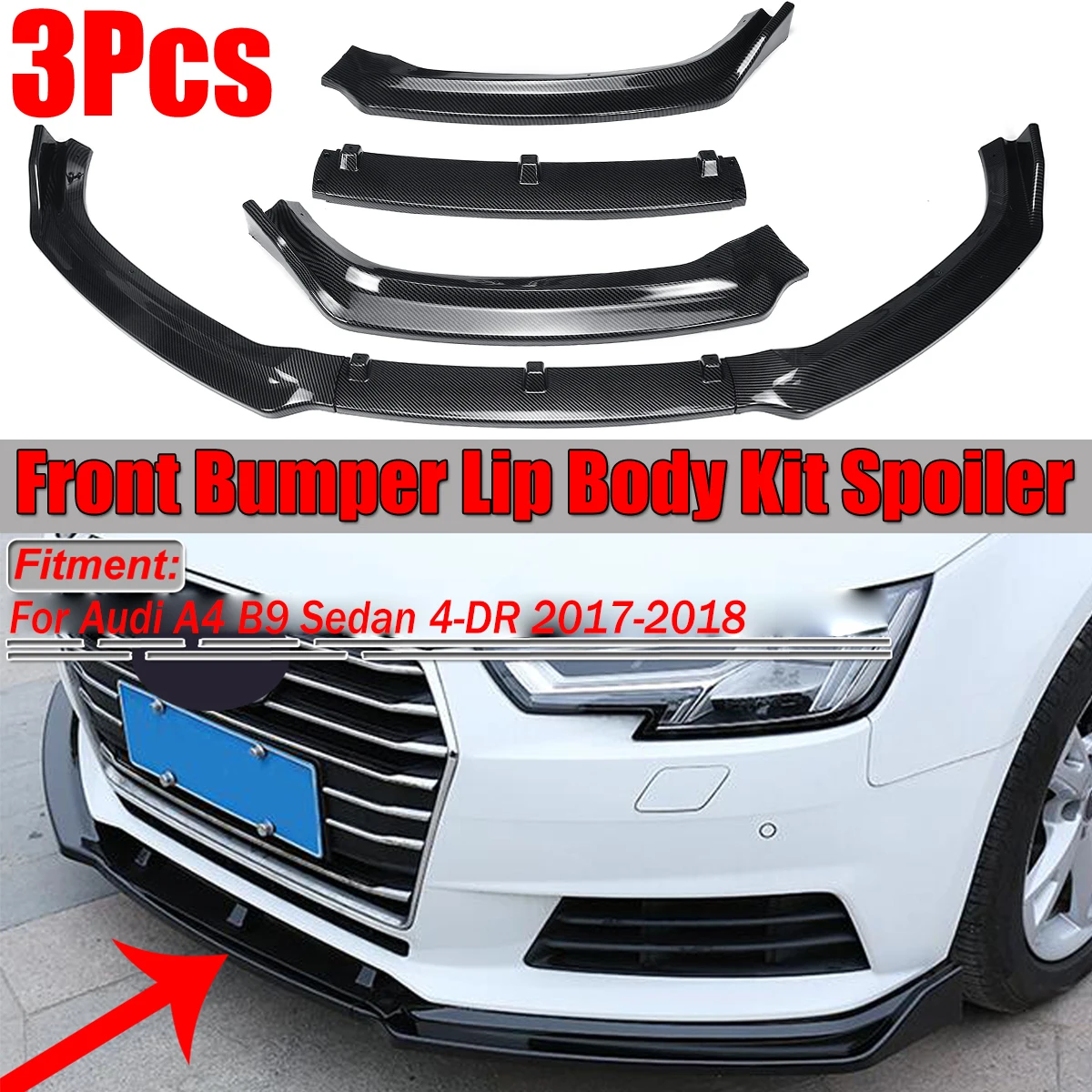Яркий черный/карбоновый вид комплект из 3 предметов для переднего бампера и