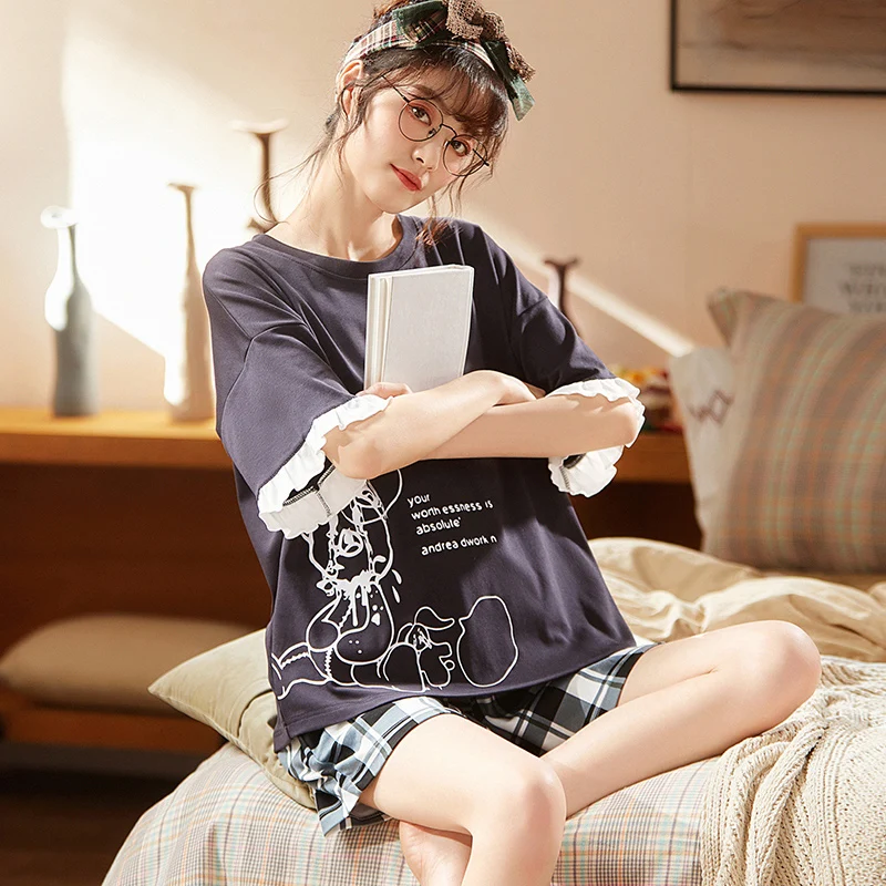 

Men And Women Short-sleeved Cotton Loose Korean Plaid Pants Cartoon Bear Sleepwear Comfortable And Soft Summer Couple Home Wear