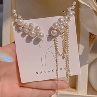 korean fashion gold elegant white pearls geometric clip on earrings for women fake cartilage tassel crystals cuff no piercing