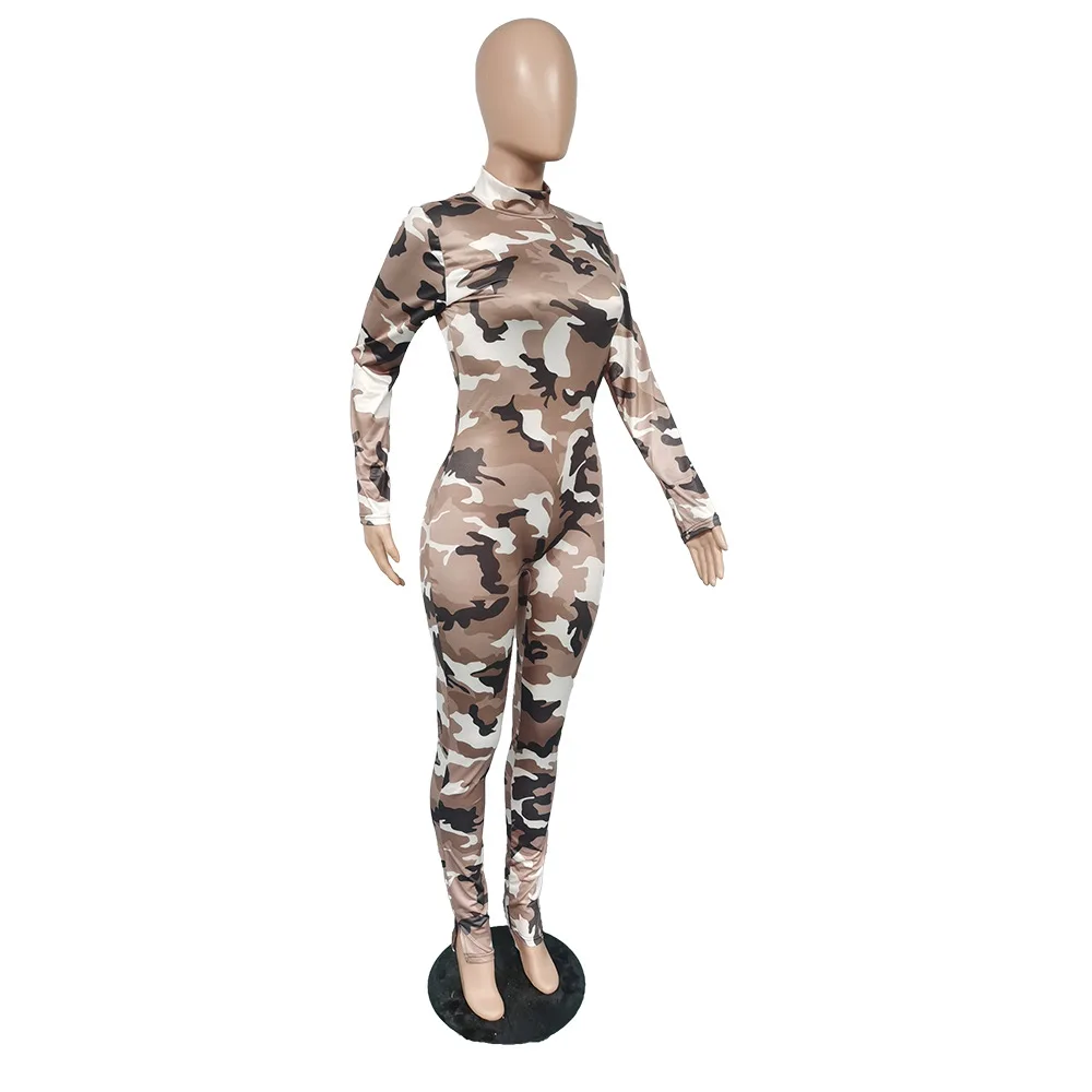 С капюшоном с камуфляжным принтом тонкий женский комбинезон воротник-стойка
