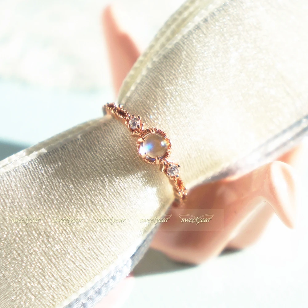 

Small Pool-Natural Glass Body Blue Moonstone Pink Crystal 925 Sterling Silver Rose Gold Plated Fine Ring Light Jewelry Gift