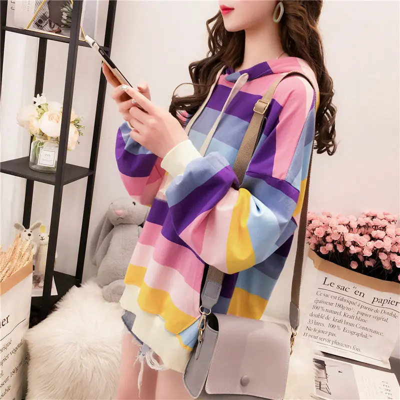 

Net red color striped hooded sweater women thin 2021 western style long-sleeved loose jacket