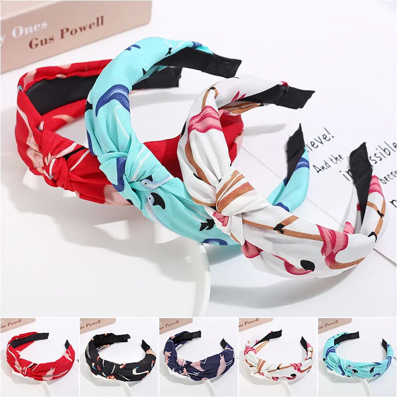 

2021 Printing Flower Knotted Flamingo Hairbands for Women Flamingo Hair Hoop Girls Headband Make Up Hair Accessories Nj0032