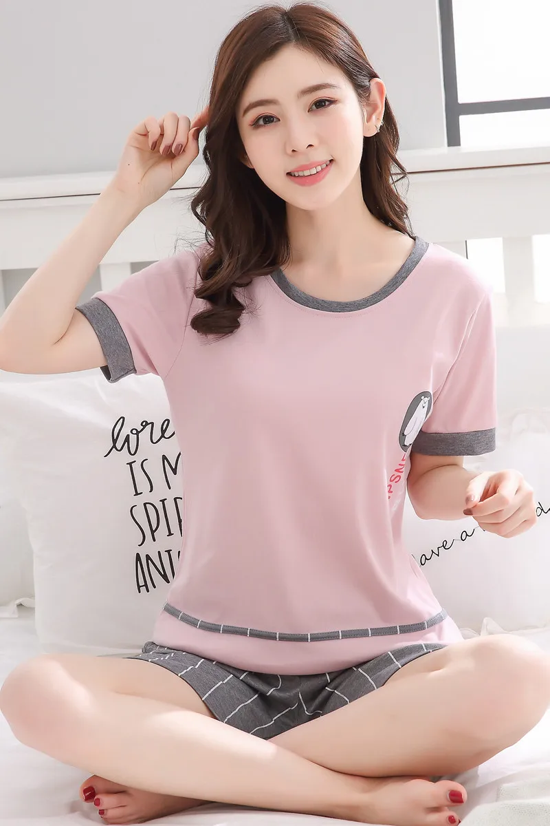 

Cartoon Little White Bear Kawaii Sweet Plaid Pants Soft Cotton Sleepwear Summer Round Neck Ladies Short-sleeved Homewear Pajamas
