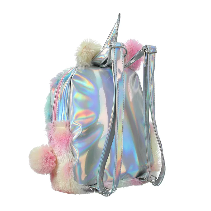 Girl Rainbow Unicorn Laser Mini Backpack Toddler Girls' Pink Plush Backpacks Silver Fluffy Glitter Bag for Girls Storage Bags