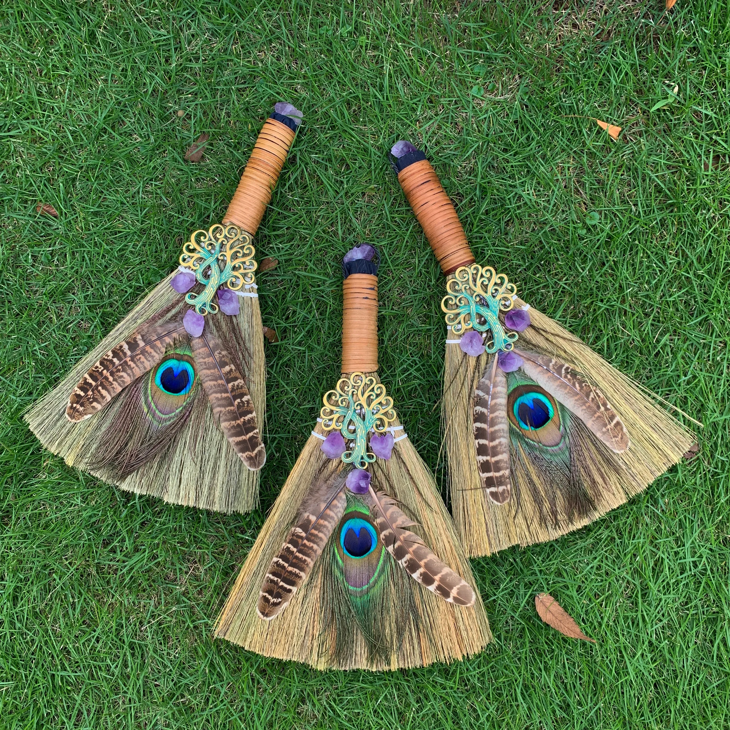 

31cm*20cm Wicca decor altar decoration Witch accessories Amethyst broom Pendant quartz feather tree Home Protection Banish Evil