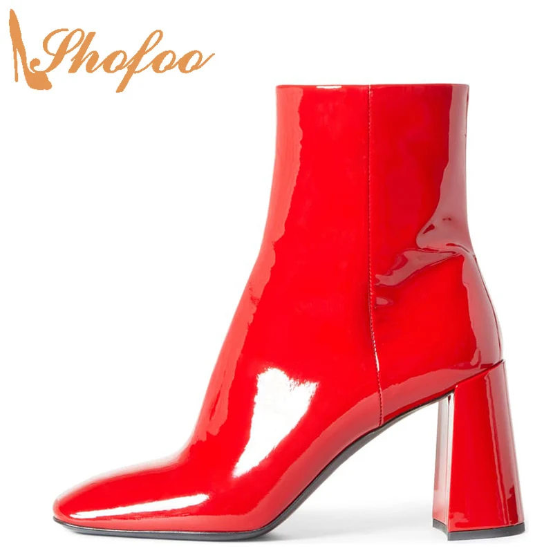 Красные женские ботильоны из лакированной кожи с квадратным носком ботинки на