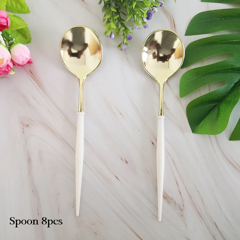 Spoon 8pcs Белые одноразовые столовые приборы, вечерние, золотые, бумажные тарелки, стакан с соломинкой, для первого дня рождения, вечеринки, свадьбы, декор для детей, детские вечерние принадлежности - Цвет: Spoon 8pcs
