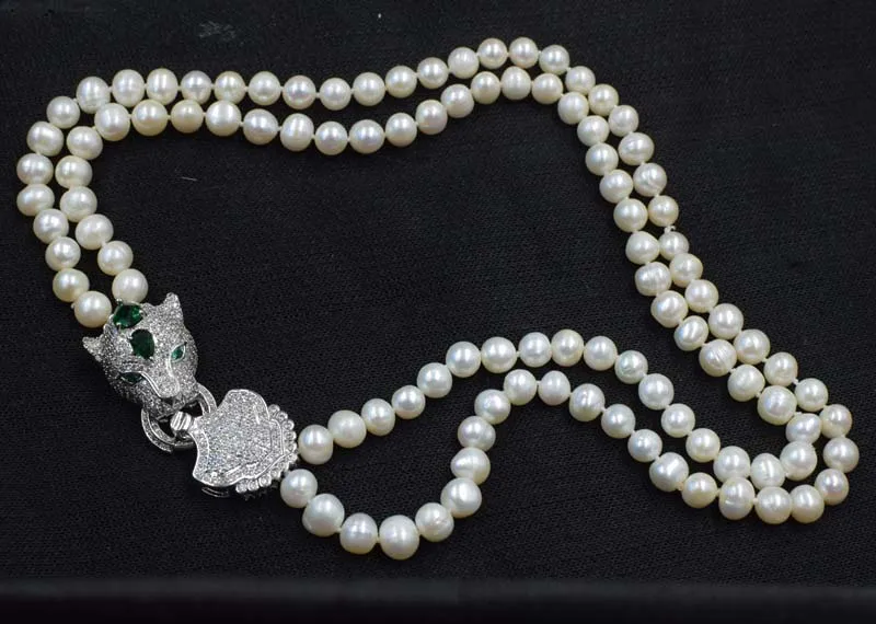 

2ROWS FRESHWATER PEARL WHITE NEAR ROUND 8-9MM +GREEN LEOPARD CLASP 17-19INCH NECKLACE WHOLESALE