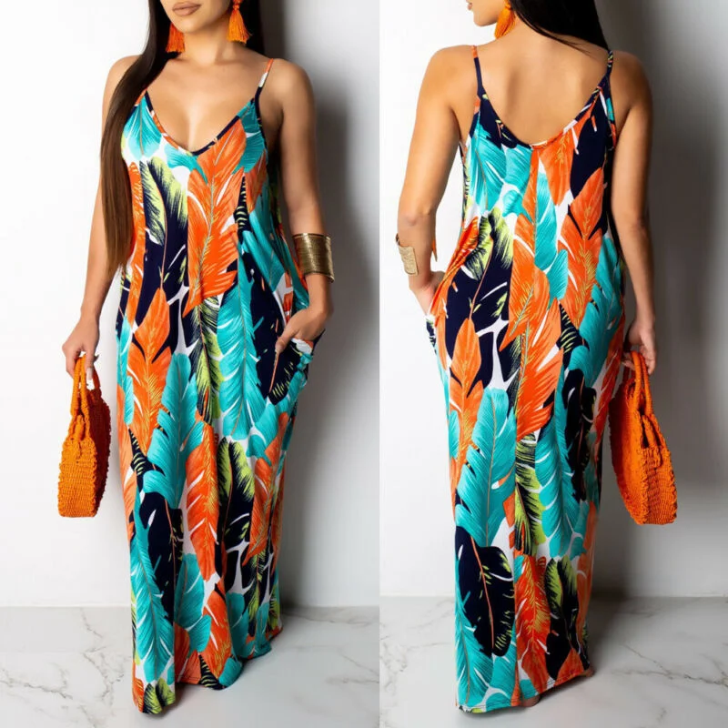 

2019 Newest Hot Women's Summer Boho Floral Long Maxi Evening Party Beach autumn Dress Floral Sleeveless V Neck Sundress