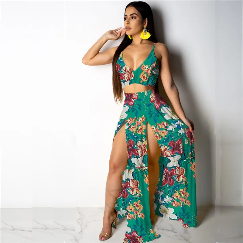 

Floral Print Sexy Spaghetti Strap Cami Crop Tops + High Waist Slit Long Skirts Set Summer Beach Women Two Piece Set Outfits 2021