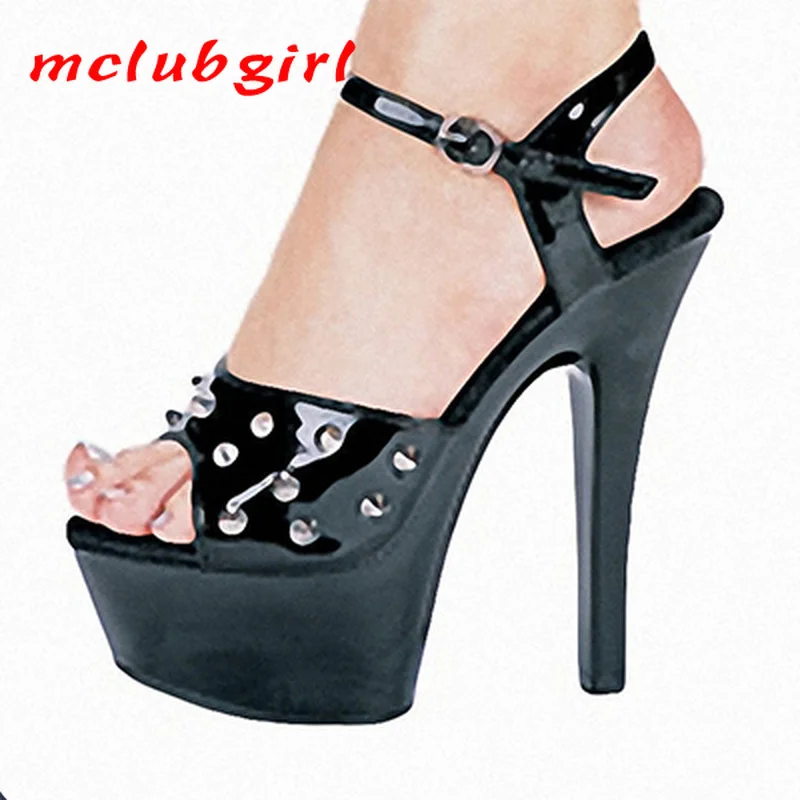 

Mclubgirl 15 см HeelsFish Mouth чистый цвет лакированная кожа тонкий каблук Супер Высокий каблук толстая подошва полые тонкие сандалии LYP
