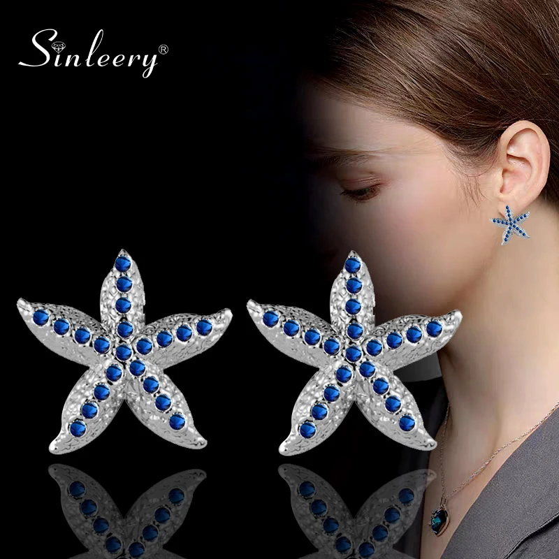 

SINLEERY Cute Sea Star Starfish Design Stud Earrings Blue Pink Silver Color Tiny Rhinestone Earrings For Women Jewelry ES075 SSH