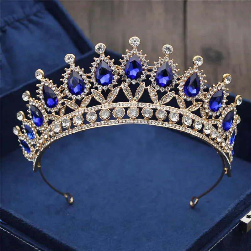 Gold Blue Барокко Винтаж Синий Кристалл невесты корона для женщин головной убор свадебные диадемы и короны свадебные украшения для волос аксессуары Корона Мода - Окраска металла: Gold Blue