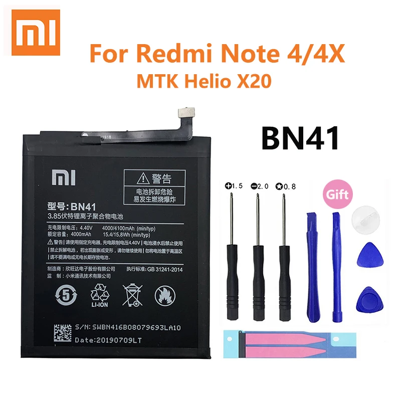 100% оригинал Xiaomi Redmi Note 4 Note4X аккумулятор для телефона BN41 4100 мАч Xiao mi Hongmi Note4 / 4X MTK Helio