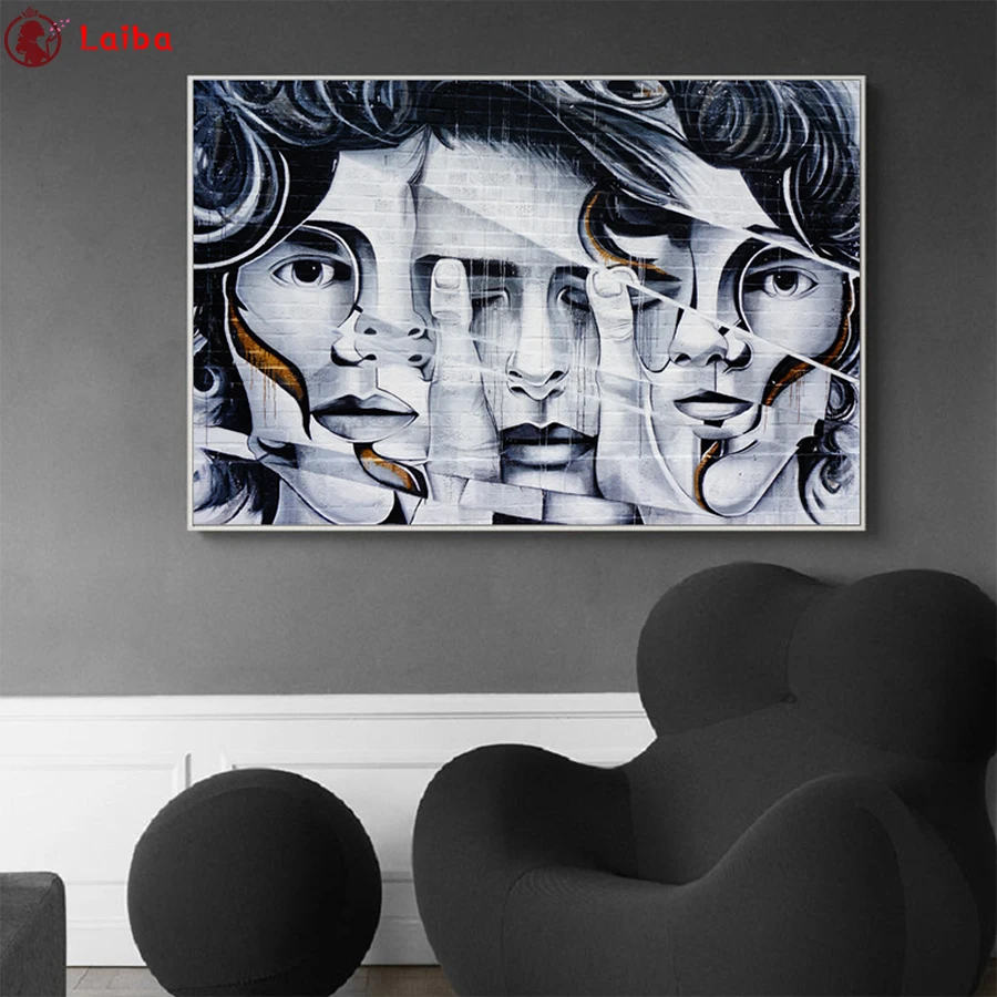 

5d diy diamond painting Abstract art black and white graffiti characters full square round diamond embroider for Decoration