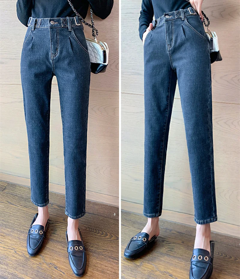 Женские джинсы с высокой талией REALEFT повседневные теплые брюки для офиса