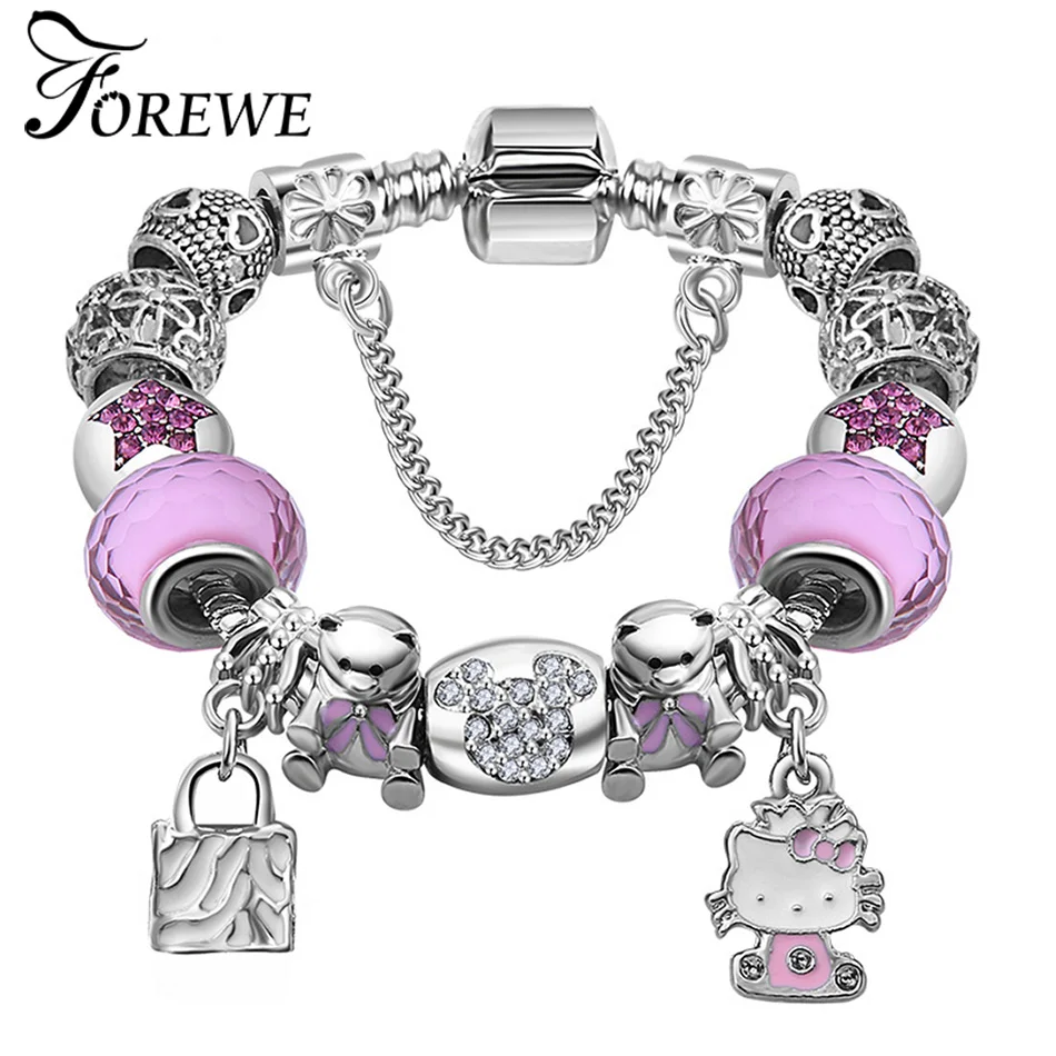 Модный 925 серебряный милый детский браслет с кошкой hello kitty для женщин, детей, девочек, браслет с хрустальными бусинами и ювелирные изделия на запястье
