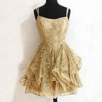 short light golden cocktail homecoming dress sexy spaghetti strap a line shiny lace mini party dresses