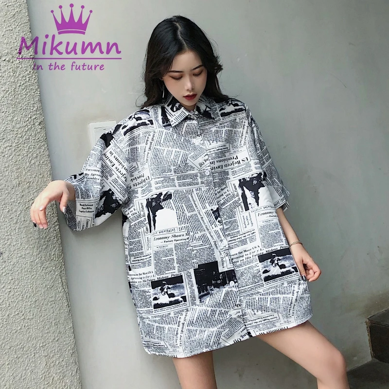 Женская винтажная блузка с принтом Harajuku свободная Повседневная рубашка коротким