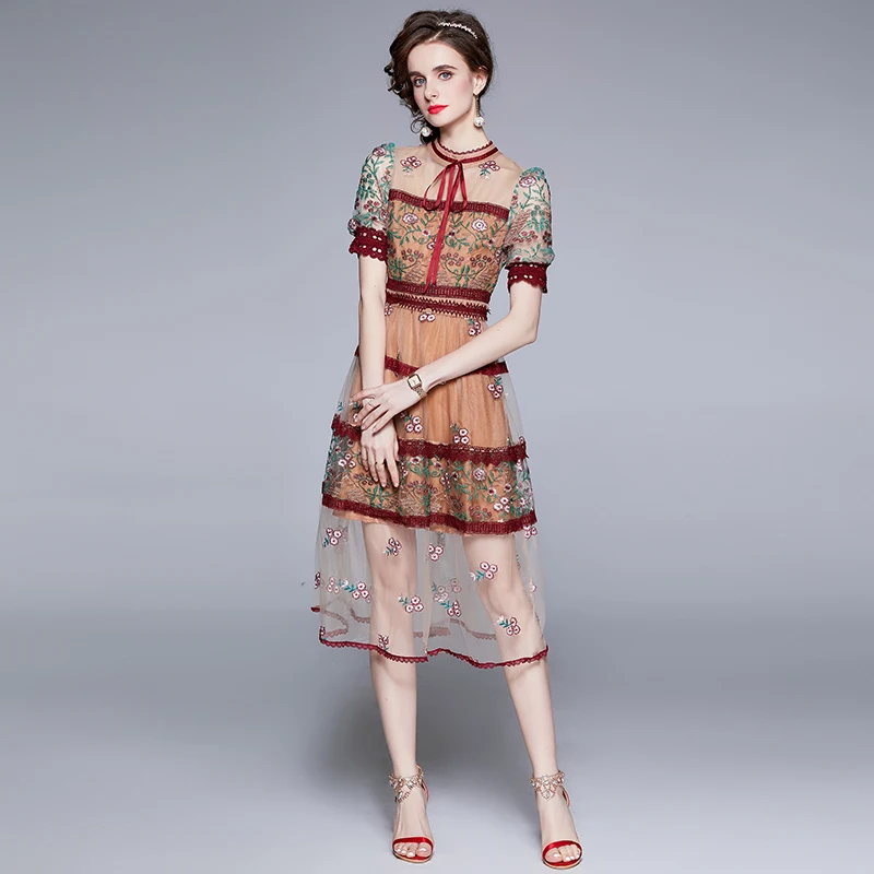 

New Arrival Runway Elegant See Through Mesh Dress Flower Embroidery Stitching Lace High Qulity Sweet Bow Party Dress Vestido