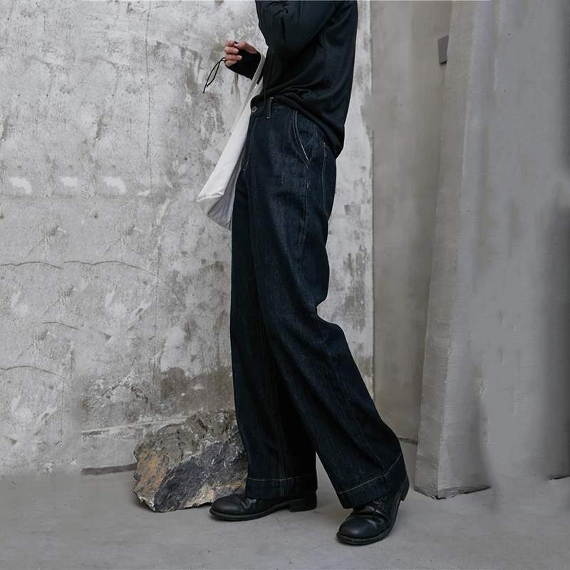 

[EAM] High Waist Navy Vintage Denim Long Wide Leg Trousers New Loose Fit Pants Women Fashion Tide Spring Autumn 2021 1DD0460