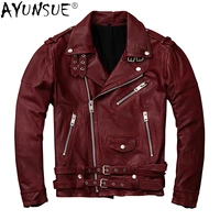 high quality leather jacket men vintage slim short motorcycle vintage sheepskin coat clothing chaqueta de cuero hombre wpy3680