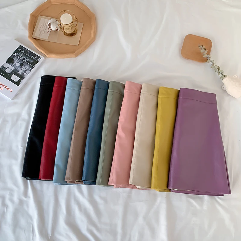 

2021 Summer Fashion Candy Colour Solid Elegant Women Pu Leather Casual High Waist Mini A-line Short Skirts