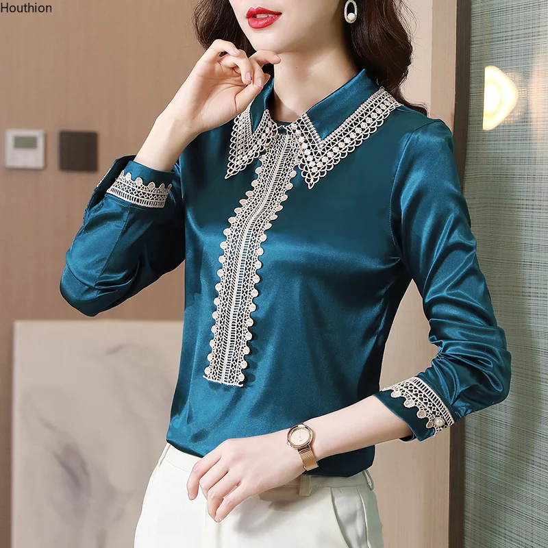 

Autumn New Women's Blouses Lapel Shirt Long Sleeve Top Stitching Blouse Solid Color Satin Hedging Casual Fashion Lady Loose