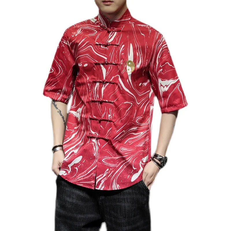 Men Cheongsam Tops Tang Suit Traditional Chinese Style Hanfu Loose Blouse Kung Fu Uniform Shirt China Frog Button Summer Clothes