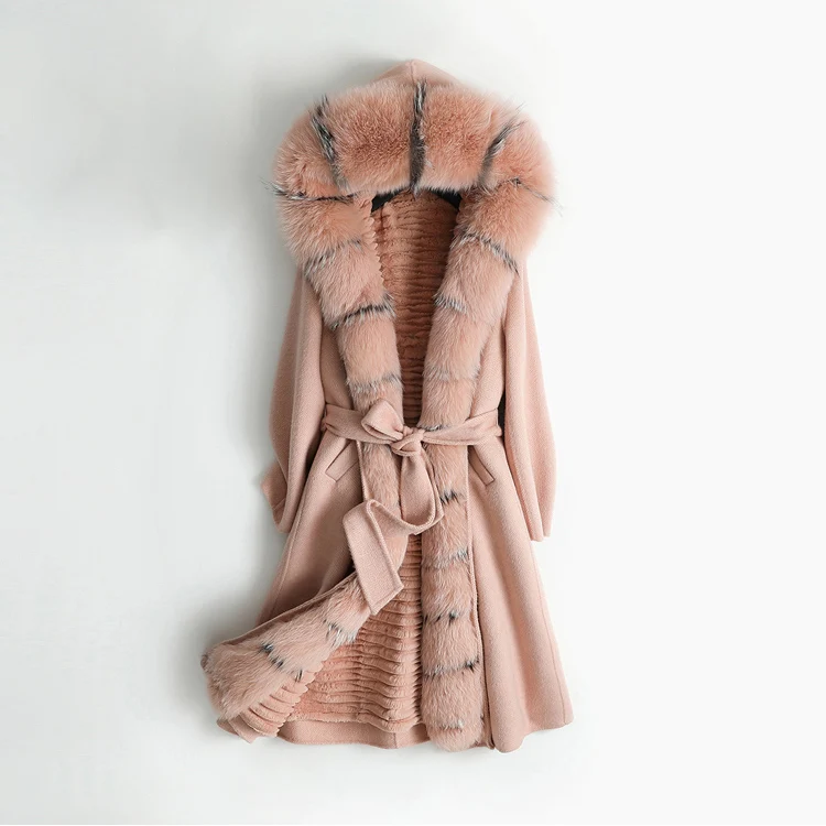 

Women Cashmere Wool Coat Long Style Real Rabbit Fur Lining and Real Fox Fur Collar Winter Fashion Delicate Wool Coat