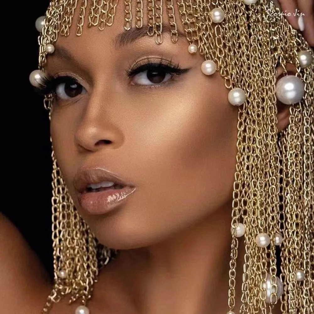 

Handmade Metal Long Tassel Pearl Ornaments Forehead Headpiece Head Chain Jewelry for Women Punk Mutlilayer Headband Accessories