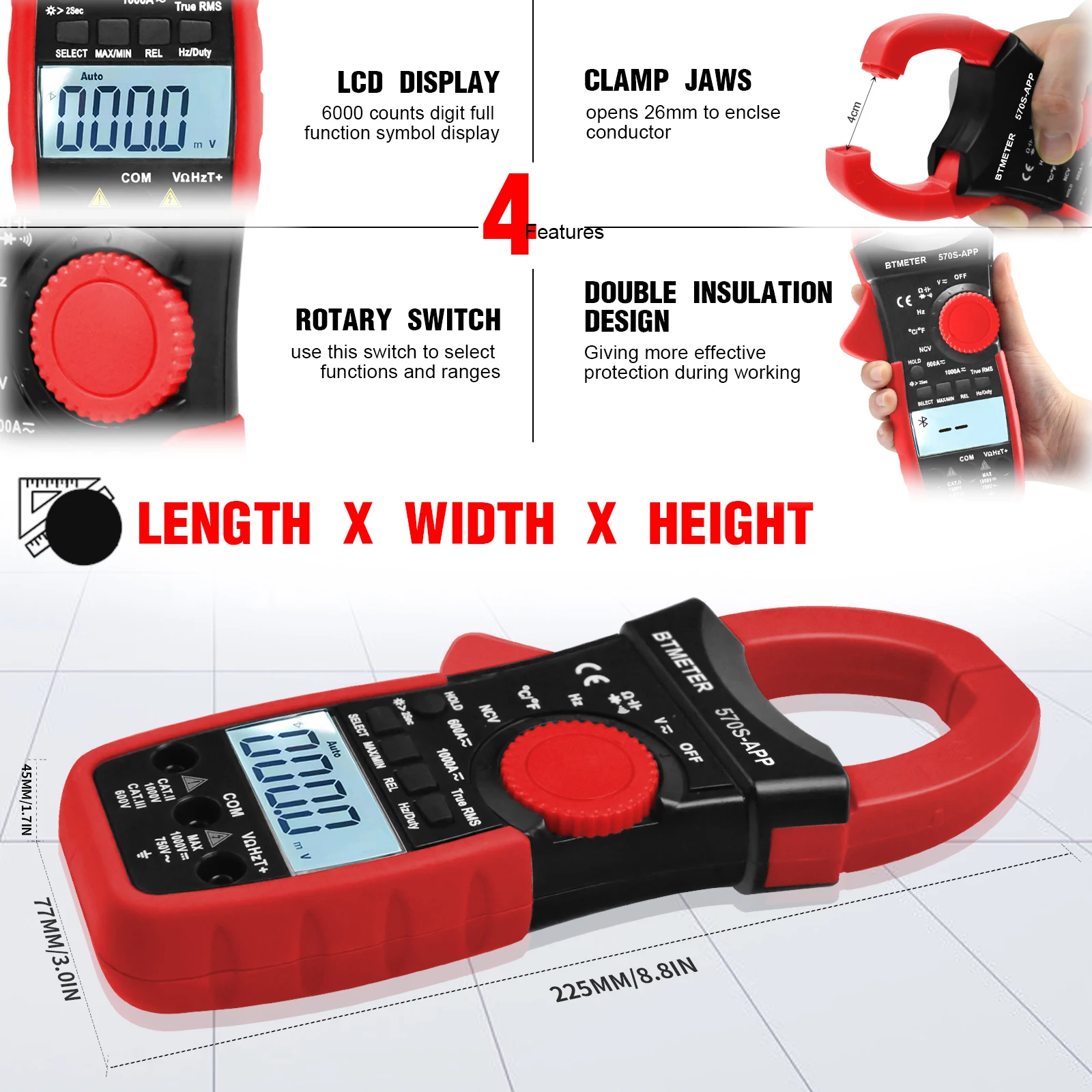 BT-570S-APP цифровой AC/DC Вольт Ампер Токоизмерительные клещи Беспроводной Bluetooth 1000A
