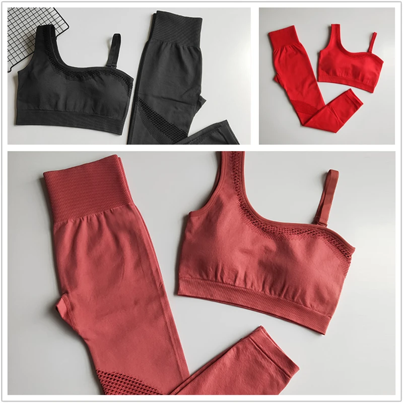 Красный спортивный бюстгальтер леггинсы комплект для йоги бесшовная одежда