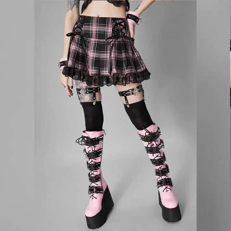 

y2k Skirt Mall Goth Kawaii Gothic Harajuku y2k Clothes Fashion Lace Bandage e girl Vintage Black Pink Plaid Pleated Goth Skirt