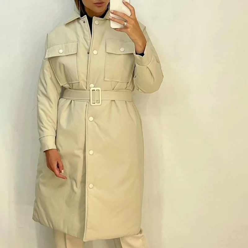 

Elina Tie Belt Casual Parkas Women Vogue Loose Straight Coats Women Elegant Turn Down Collar Long Cotton Jackets Female Ladies