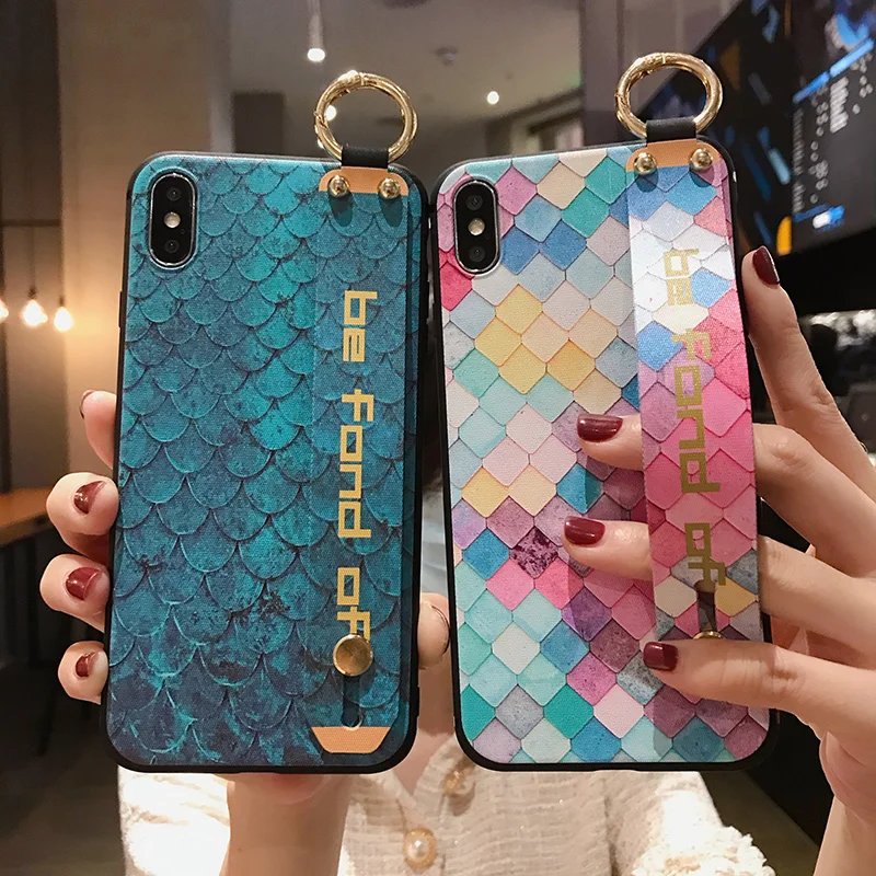 Fish Scale Phone Holder Case For iPhone 12 mini 13 11 Pro X XS Max Case For iPhone 7 8 plus XR Soft TPU Wrist Strap Cover Coque
