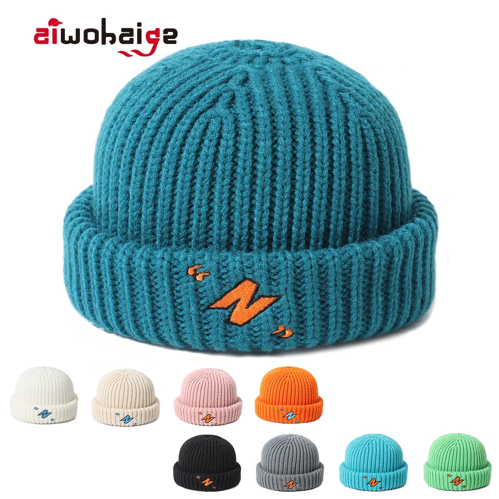 

Модная вязаная шапка с вышивкой «N», теплая зимняя шапка унисекс без полей, шапка в стиле хип-хоп Skullcap для женщин и мужчин, мягкая уличная Кеп...