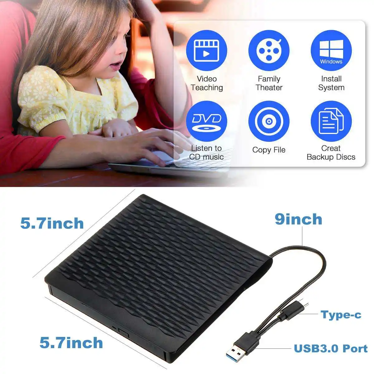Тип C USB 3,0 внешний CD DVD привод Оптический привод для ноутбука Настольный Windows портативный тонкий DVD-RW проигрыватель