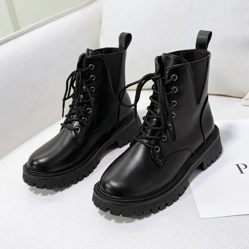 2021 New Women Mid Calf Boots Autumn Winter Fashion Lace-up Zipper Botas Mujer Comfortable Platform Heel Leather Women Boots