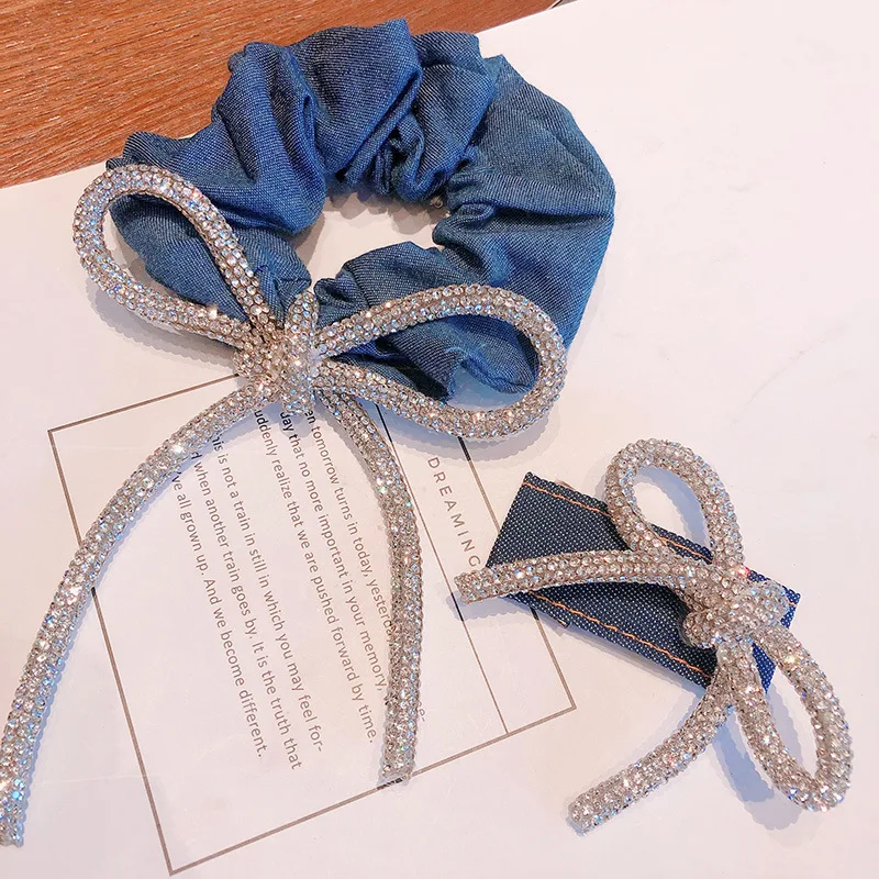 

Retro Denim Scrunchies Elastic Hair Bands Tie Crystal Rhinestone Bow Butterfly Hairbands Accessories for Women Girls Headpiece