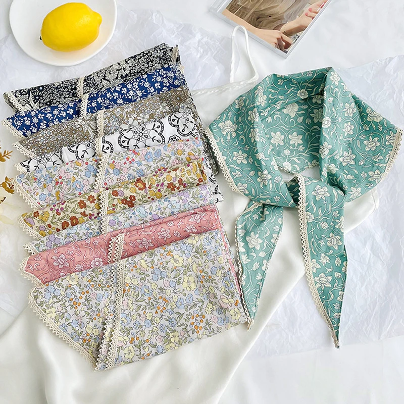

MoriBty Floral Women Triangle Silk Scarf Neckerchief Spring-Summer Elegent Bufandas Neck Ties Luxury Little Hair Ribbon Headwear