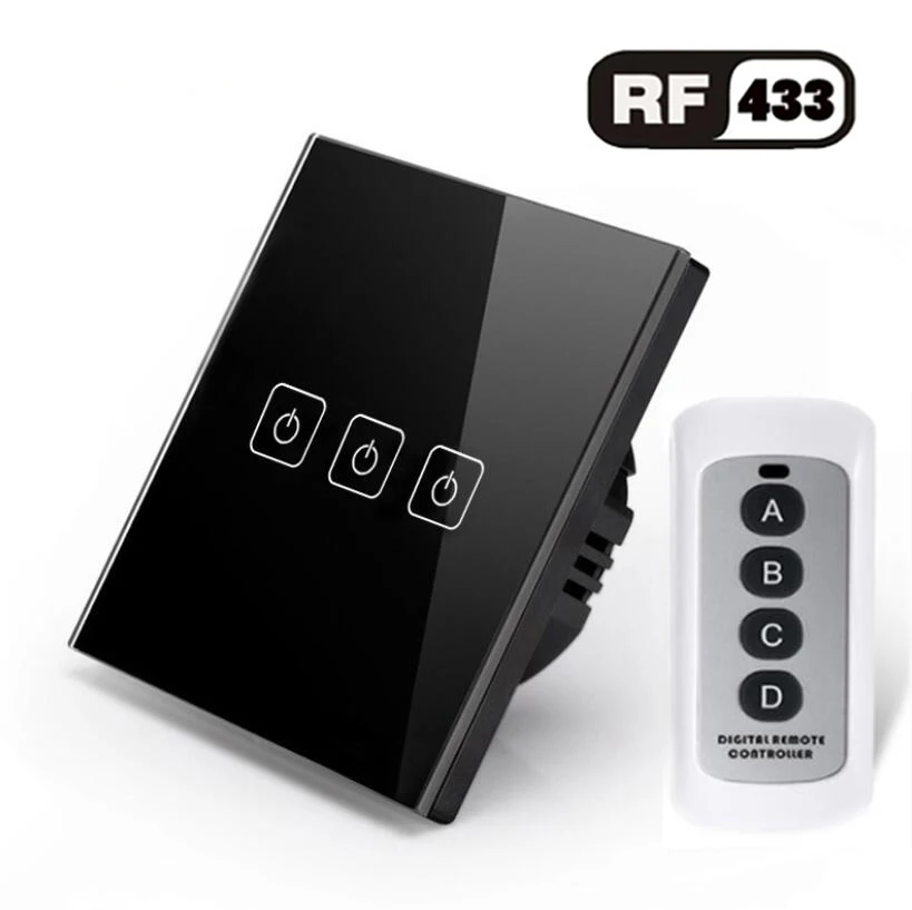 3gang Switch with RC ЕС/Великобритания стандарт 1 2 3 банды 220 В беспроводной пульт дистанционного управления светильник, RF433 дистанционный сенсорный настенный выключатель для умного дома - Цвет: 3gang Switch with RC