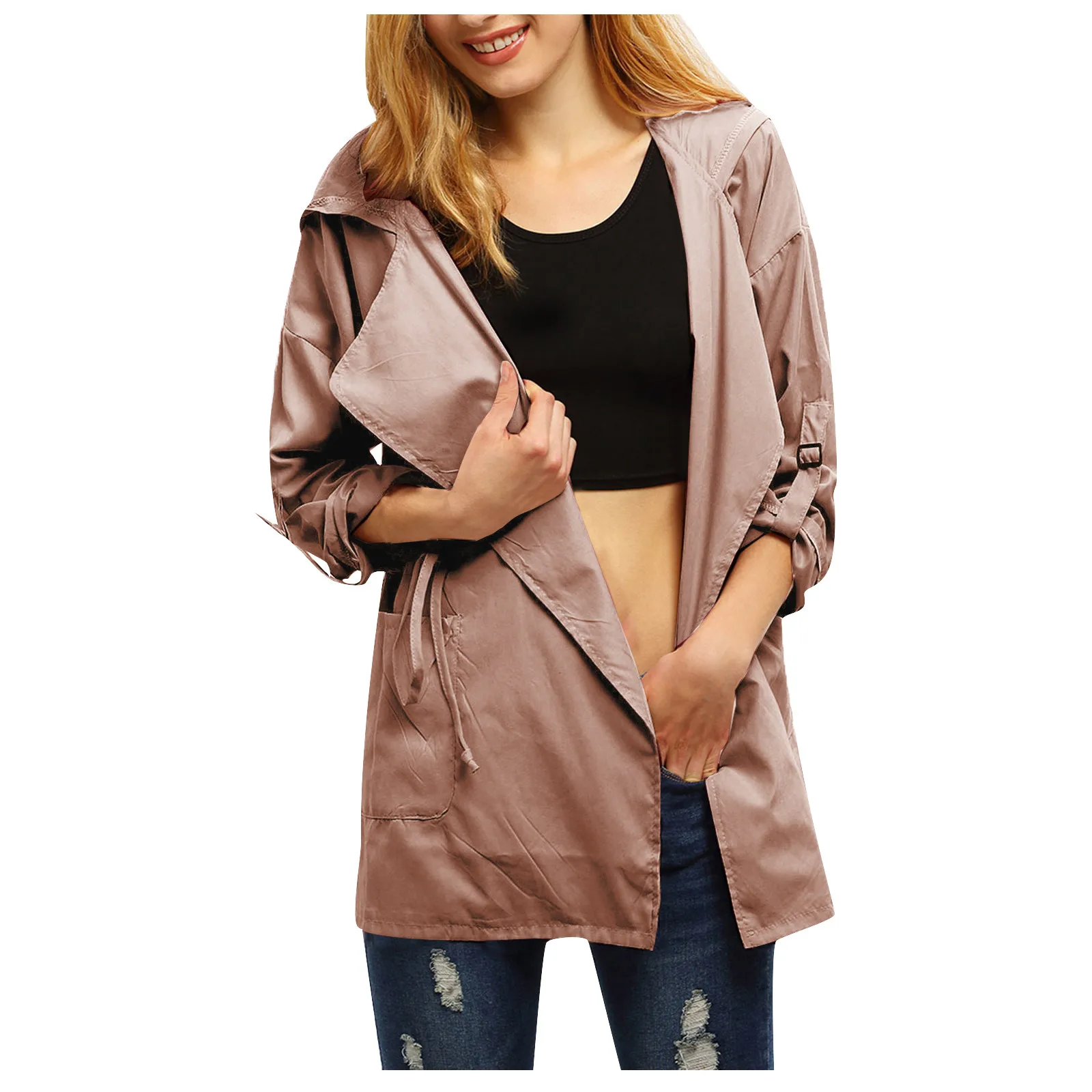

Women's Autumn And winter solid color hooded thin windbreaker mid-length coat